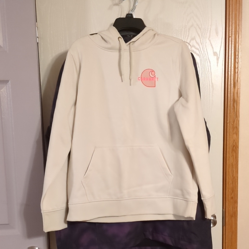 Carhartt Rain Defender Relaxed Fit Hoodie Cream Sweatshirt with Pink Logo